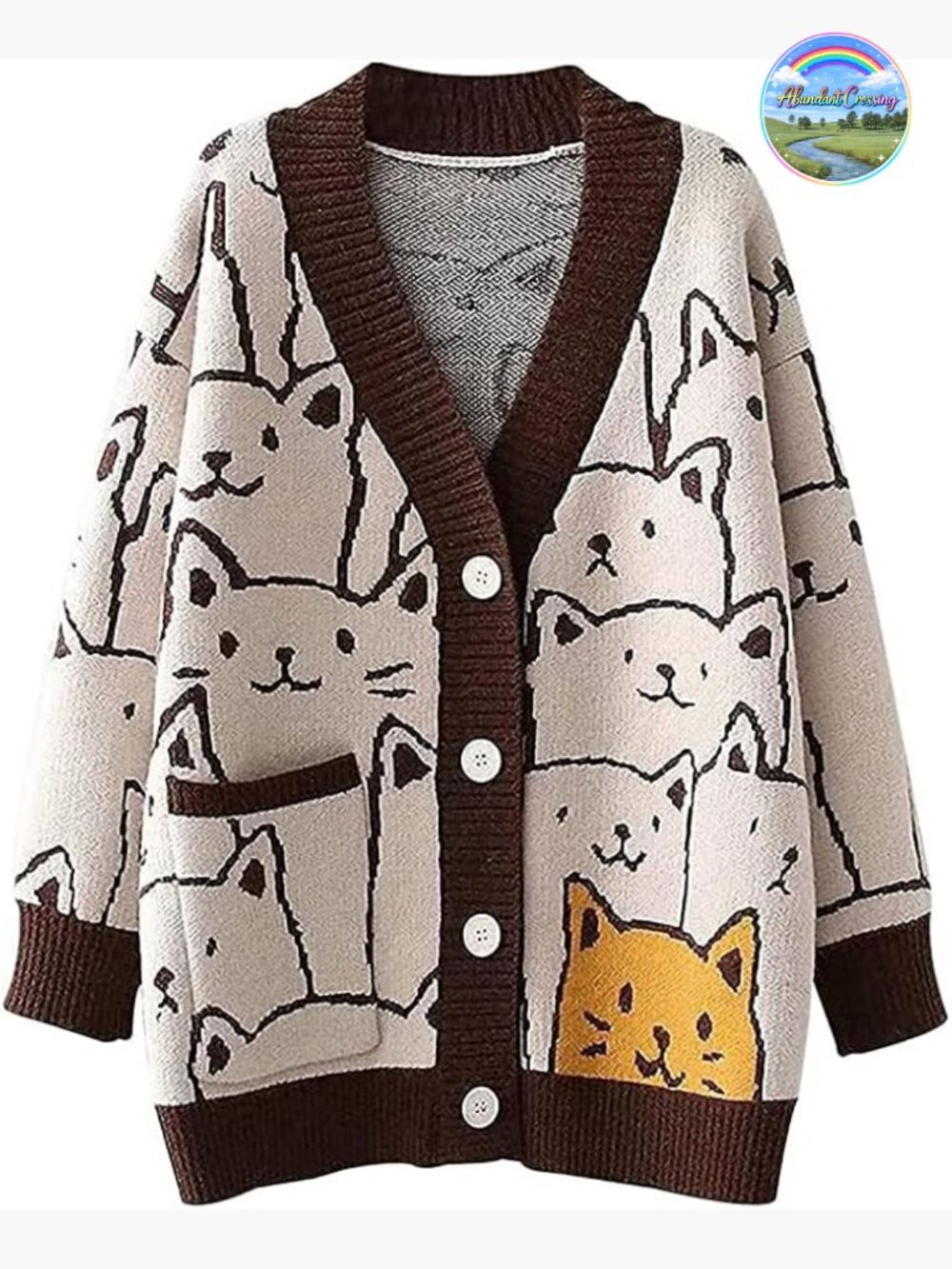 Oversized V-Neck Button Down Knit Cardigan Cat Print Sweater